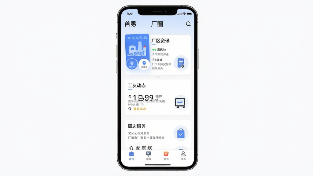 厂圈APP主界面展示图,主体为一部智能手机,手机屏幕内显示厂圈应用首页,页面包含厂区资讯、工友动态、周边服务等模块,布局清晰,排版整齐,风格为现代简约扁平化设计,细节上带有蓝色主题色与卡片式信息流,画质清晰,干净,无多余元素