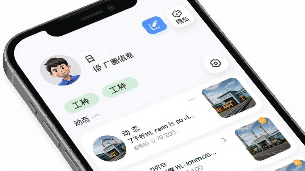 厂圈APP个人主页界面图,主体为手机屏幕,屏幕内展示用户头像、厂区信息、工种标签与动态列表,布局为上下结构,风格为柔和圆角设计,细节包含编辑按钮、隐私设置图标、动态缩略图,画质清晰,干净,无多余元素