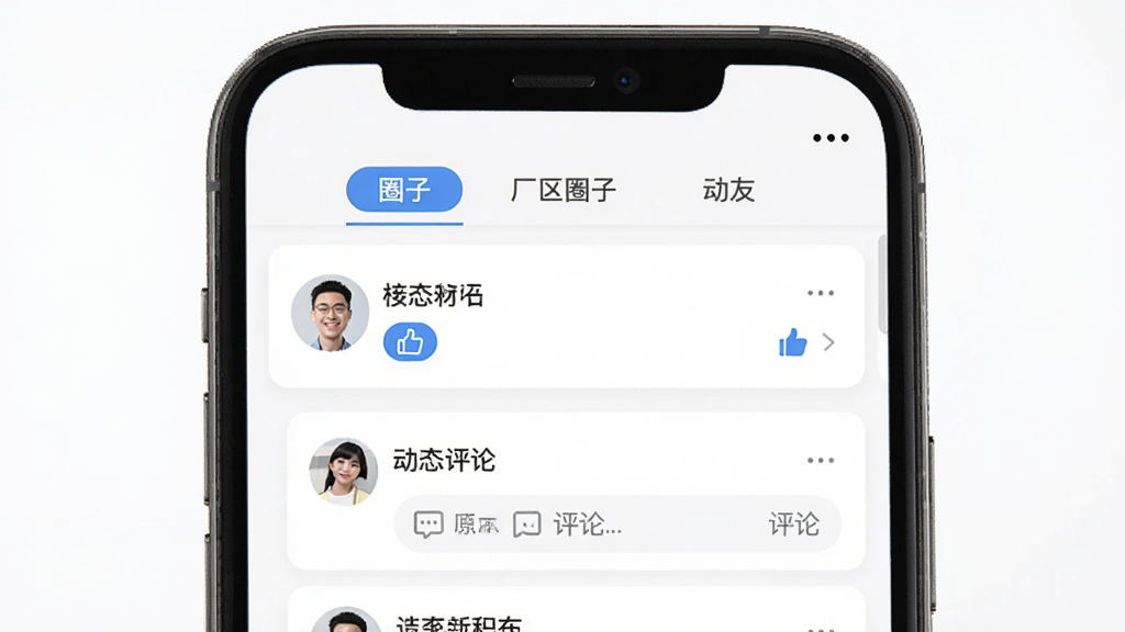 厂圈APP厂区社交圈功能界面图,主体为手机屏幕,屏幕内展示厂区圈子列表与工友动态发布页面,布局采用上下结构,上方为圈子切换标签,下方为动态卡片,风格为清新简约风,细节包含头像、点赞按钮、评论输入框,画质清晰,干净,无多余元素