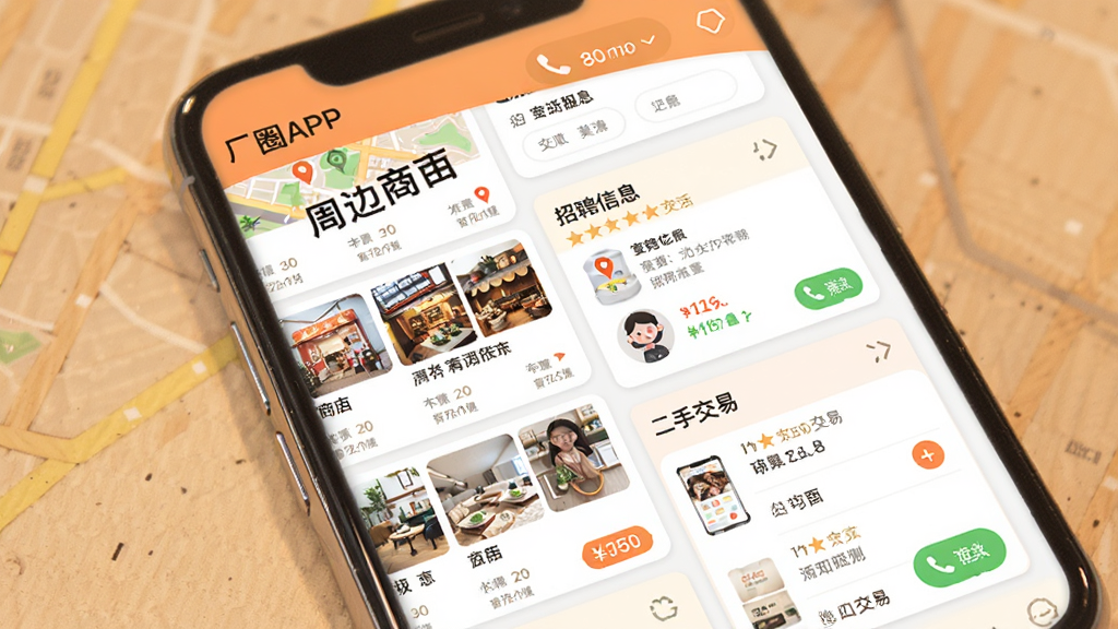 厂圈APP周边生活服务页面图,主体为手机屏幕,屏幕内展示周边商铺列表、招聘信息卡片与二手交易板块,布局为网格与列表混合排版,风格为暖色调生活化设计,细节包含地图定位图标、电话按钮、价格标签,画质清晰,干净,无多余元素