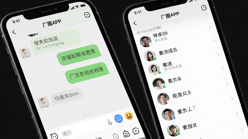 厂圈APP即时聊天界面图,主体为手机屏幕,屏幕内展示聊天对话框与群组列表,布局为经典聊天软件排版,风格为清爽浅色系设计,细节包含消息气泡、输入框、表情按钮、群成员头像,画质清晰,干净,无多余元素