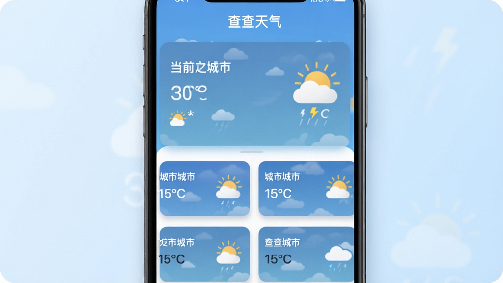 画面展示“查查天气”APP的多城市管理界面,手机屏幕被分成上下两部分,上半部分显示当前定位城市的天气,下半部分列出其他几个城市的天气卡片,卡片上有城市名称、温度和天气图标。布局采用分屏对比式,背景是柔和的淡蓝色渐变。风格为扁平化UI设计展示图,细节上突出卡片阴影与文字清晰度,画质高清,画面干净,无多余元素。