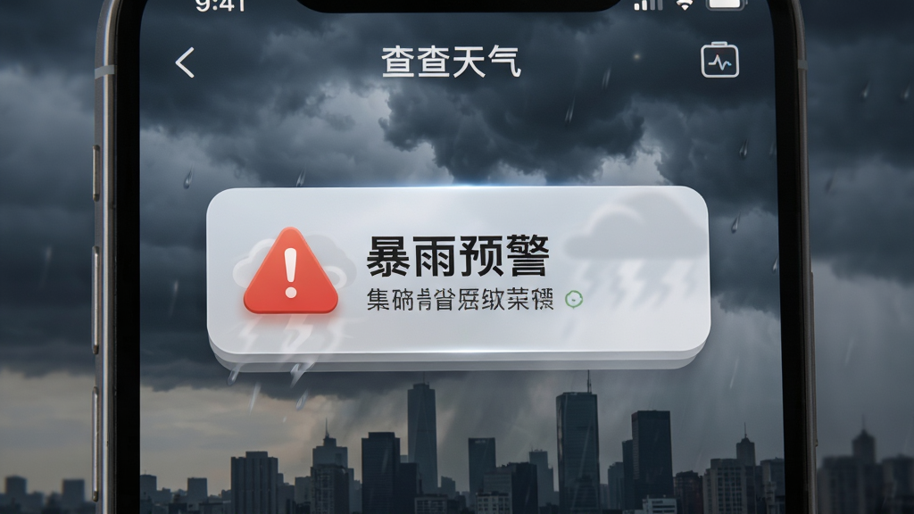 画面描绘“查查天气”APP的异常天气提醒功能,手机屏幕上弹出一个醒目的预警通知卡片,卡片上有感叹号图标和“暴雨预警”字样,背景是乌云密布的天空与城市剪影。布局采用居中特写,风格为写实与UI结合,细节上强调通知卡片的立体感与背景的氛围感,画质高清,画面干净,无多余元素。