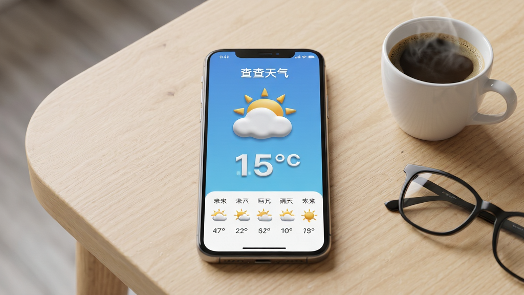 画面主体是一部智能手机,屏幕上显示着“查查天气”APP的界面,界面中央是醒目的天气图标与温度数字,下方排列着未来几天的天气趋势小图标。布局采用居中构图,手机放在一张浅色木质桌面上,旁边有一杯冒热气的咖啡和一副眼镜。排版整洁,风格为现代简约写实风,细节上强调屏幕的清晰度与图标的立体感,画质高清,画面干净,无多余元素。
