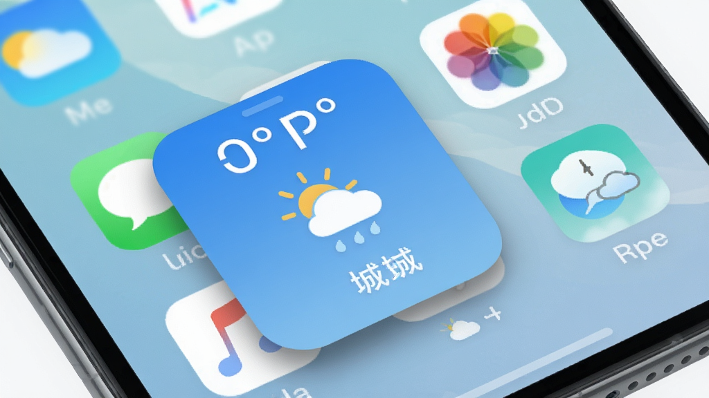 画面展示“查查天气”APP在手机桌面上的小组件效果,一个方形小组件显示当前温度、天气图标和城市名称,旁边是几个其他常用应用图标。布局为手机桌面俯视图,风格为清新明亮风,细节上突出小组件的圆角与阴影,画质高清,画面干净,无多余元素。
