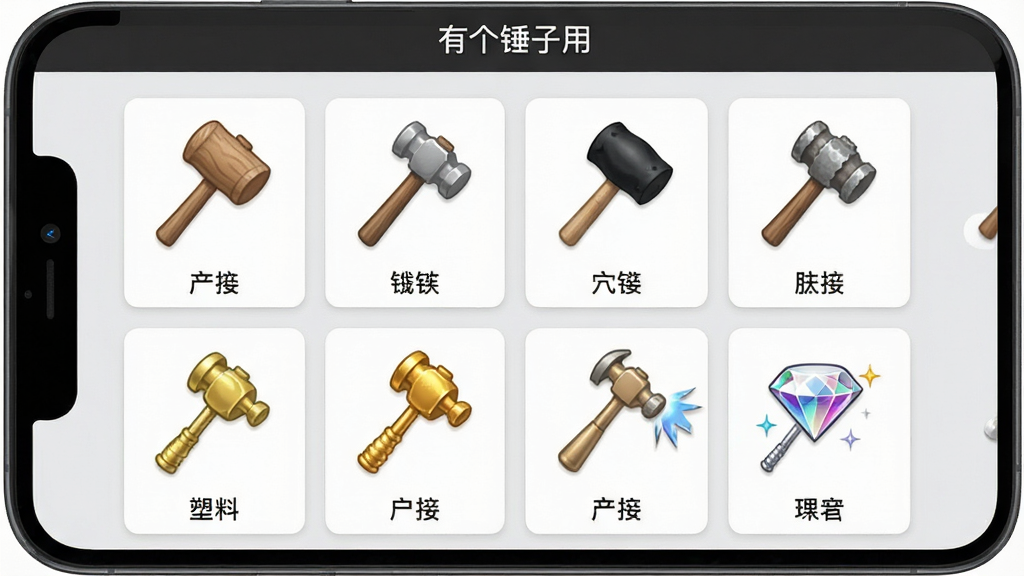 一个手机界面截图,展示“有个锤子用”软件的皮肤选择页面,页面上排列着六种不同材质的锤子图标,分别是木锤、铁锤、橡胶锤、塑料锤、黄金锤和钻石锤,每个锤子下方标注名称,界面采用卡片式布局,背景为浅灰色,风格简约清爽,画质清晰,无多余装饰