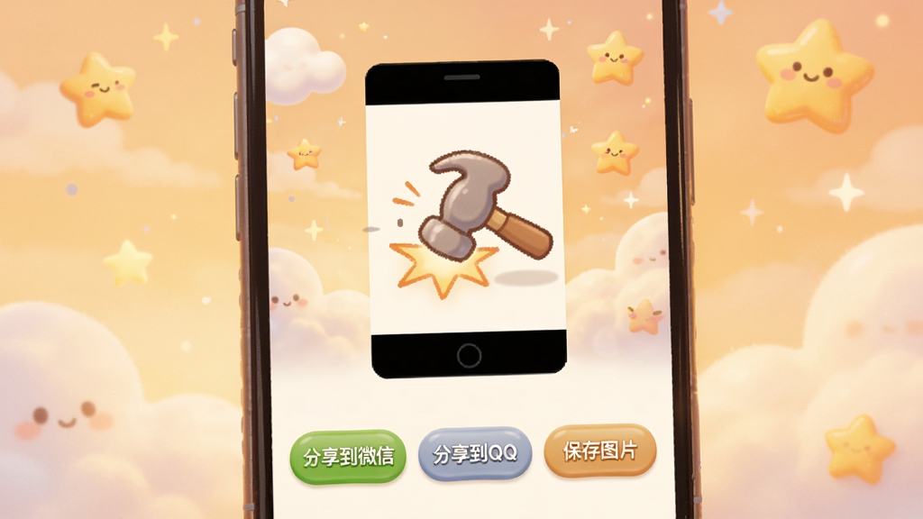 一个手机屏幕显示分享界面,屏幕中央是一个锤子敲击动画的截图,下方有“分享到微信”“分享到QQ”“保存图片”三个按钮,背景是卡通风格的云朵和星星,整体色调温暖,风格可爱,画质细腻,无多余文字