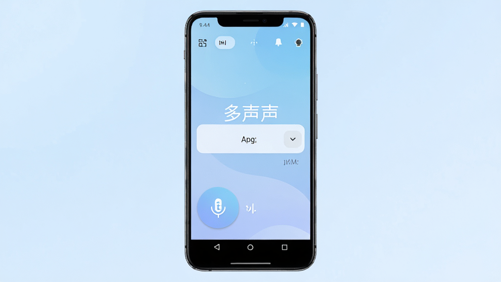 一张展示多声声AI翻译APP界面的手机样机图,主体为一部竖屏安卓手机,屏幕上显示多声声软件的主界面,包含语音输入按钮和语言选择下拉框,布局居中,背景为柔和的淡蓝色渐变,风格为现代科技感,细节包括清晰的UI图标和文字“多声声”,画质高清,干净,无多余元素