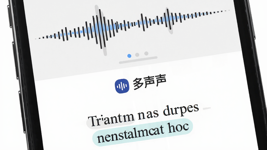 一部手机屏幕特写,展示多声声APP正在执行语音翻译任务,屏幕上半部分显示中文语音波纹,下半部分显示英文翻译文字,界面中央有“多声声”品牌标识,背景为简约白色,风格清爽干净,细节包括语音波动画和翻译文本高亮,画质清晰,无多余元素