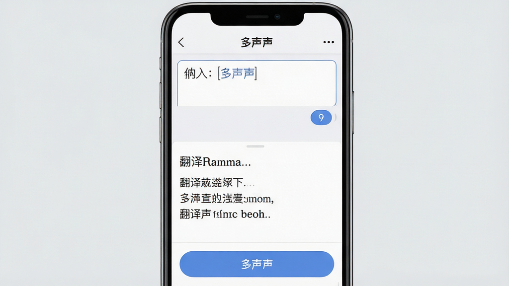 一张展示多声声APP文本翻译界面的手机截图,屏幕上方为输入框,下方为翻译结果区域,界面中显示中英对照文本,顶部有“多声声”软件名称,布局简洁,背景为浅灰色,风格商务简约,细节包括清晰的字体和翻译按钮,画质高,干净,无杂乱元素