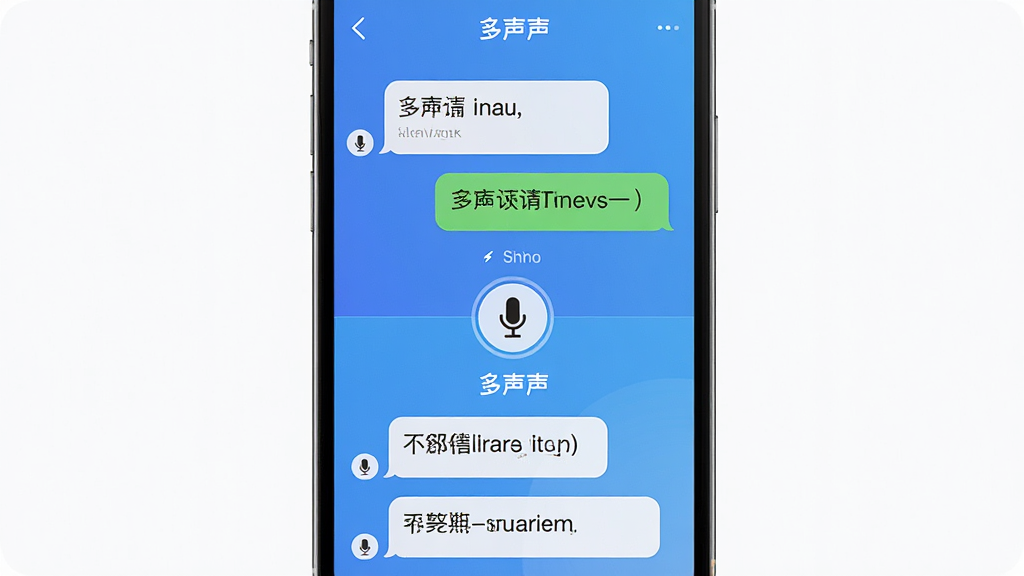 一张展示多声声APP对话模式界面的手机图片,屏幕上下分屏,上半部分显示中文输入提示,下半部分显示英文翻译,中间有麦克风图标,界面中包含“多声声”品牌名,背景为渐变蓝色,风格现代,细节包括清晰的对话气泡和翻译文字,画质高,干净整洁