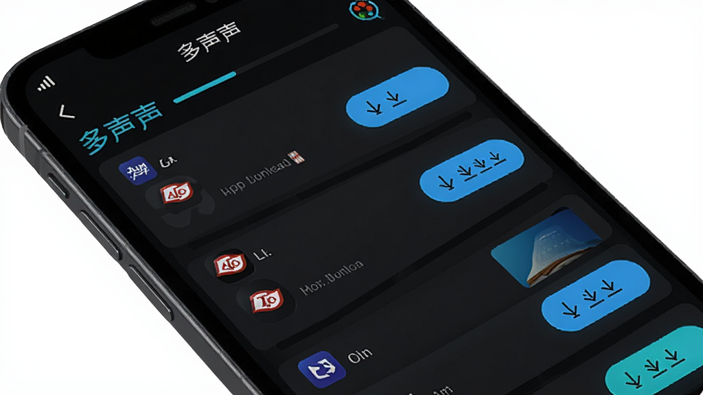一部手机展示多声声APP的离线翻译包管理页面,屏幕上列出多个语言选项和下载按钮,界面中有“多声声”字样,背景为深色模式,风格科技感强,细节包括下载进度条和语言图标,画质清晰,无多余元素