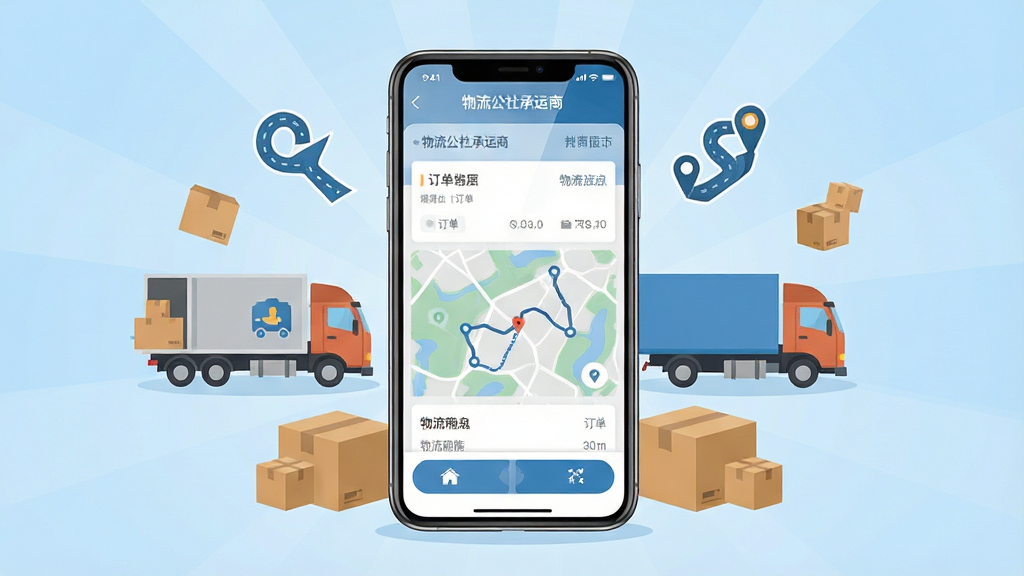 一张展示物流公社承运商手机应用主界面的场景图,画面中央是一部竖屏智能手机,屏幕显示“物流公社承运商”应用首页,包含订单列表、地图轨迹和功能按钮,手机周围环绕物流货车、纸箱包裹和路线图标等元素,布局采用中心辐射式构图,风格为扁平化科技商务风,细节上手机屏幕有轻微反光,背景为浅蓝色渐变,画质清晰干净,无多余元素