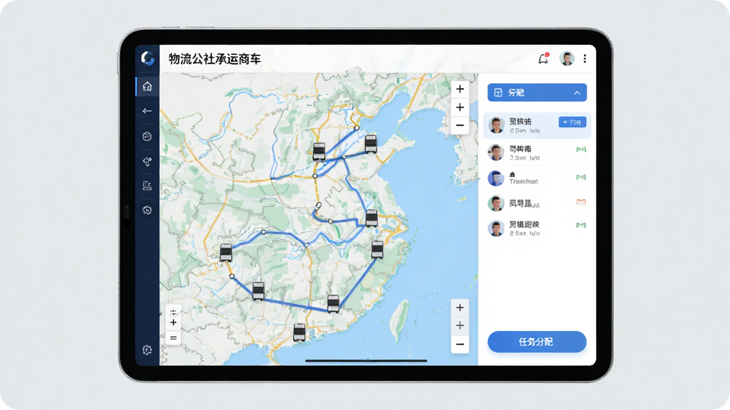 一张展示物流公社承运商车队调度管理功能的场景图,画面中央是一部平板电脑或大屏手机显示地图界面,地图上有多个车辆图标和运输路线,侧边栏显示司机列表和任务分配按钮,布局为左右分栏,风格为现代商务科技风,细节上地图有缩放控件,背景为浅灰色,画质清晰干净,无多余元素