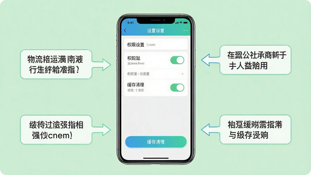 一张展示物流公社承运商新手操作指引的教程图,画面中央是一部手机显示应用设置页面,页面中有权限开关和缓存清理按钮,手机旁边有箭头标注和文字提示框,布局为左右结构,风格为清新扁平化教程风,细节上按钮有高亮效果,背景为浅绿色,画质清晰干净,无多余元素