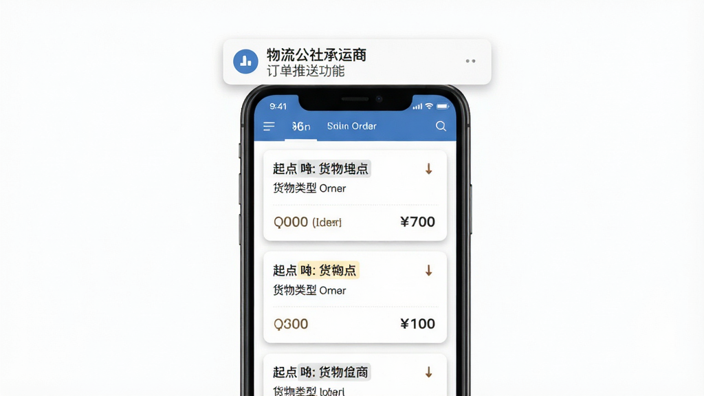 一张展示物流公社承运商订单推送功能的场景图,画面中央是一部手机屏幕显示多个货源订单卡片,每张卡片包含起点终点、货物类型和价格信息,手机上方有推送通知气泡,布局为上下结构,风格为简约扁平化,细节上订单卡片有轻微阴影,背景为白色,画质清晰干净,无多余元素