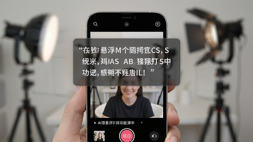 说得AI悬浮提词功能演示图,画面展示一部手机正在录制视频,屏幕上方悬浮着一个半透明的提词窗口,文字清晰可见,背景是短视频拍摄场景,风格为功能演示截图,细节丰富,画质清晰,干净无多余元素
