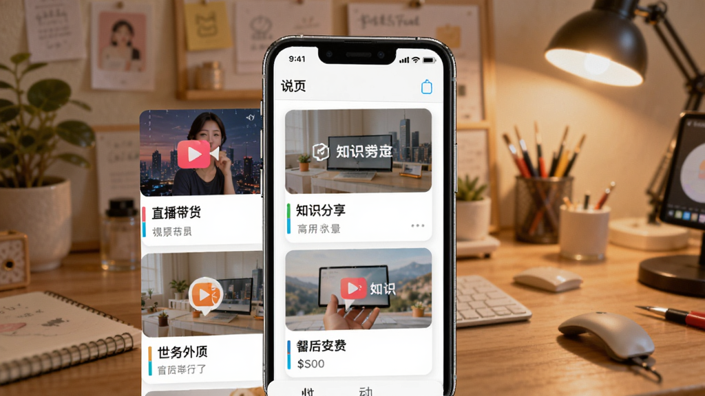 说得AI模板库界面展示,画面中手机屏幕上排列着多个场景模板卡片,如直播带货、知识分享等,每个卡片有图标和文字说明,背景为温馨的创作环境,风格为应用商店截图,细节丰富,画质清晰,干净无多余元素