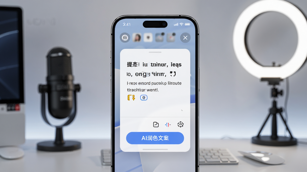 说得AI软件主界面展示,画面中央是一部智能手机,屏幕上显示着悬浮提词器窗口和AI润色文案按钮,背景为现代简约的办公桌面,桌面放置麦克风和补光灯,风格为科技感产品展示图,细节清晰,画质高清,干净无多余元素