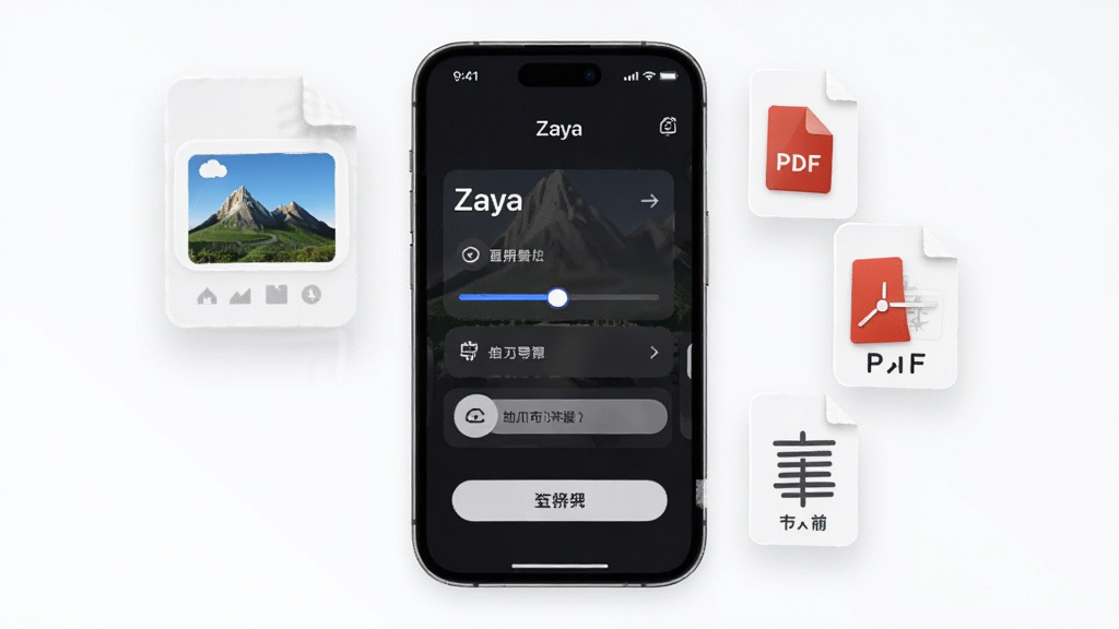 主体为手机屏幕展示“Zaya”导出菜单界面,旁边漂浮着图片、PDF、文本三种文件图标,布局为左右分栏构图,风格为轻拟物科技风,细节包含文件缩略图、导出进度条、简洁按钮,画质清晰干净,无多余元素