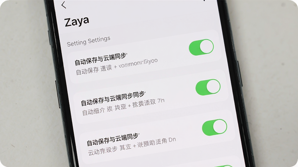 主体为手机屏幕展示“Zaya”设置界面中的自动保存与云端同步开关,布局为纵向列表构图,风格为简洁设置面板风,细节包含绿色开关按钮、灰色说明文字、圆角分组背景,画质清晰干净,无多余元素