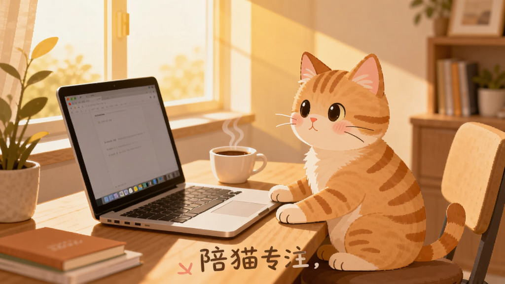 一只橘色小猫端坐在木质书桌旁,面前摆放着一台打开的笔记本电脑和一杯热咖啡,窗外透进温暖的午后阳光,桌面整洁,画面中央用柔和字体写着陪猫专注,整体风格温馨治愈,扁平插画风,细节丰富,画质清晰,干净无多余元素