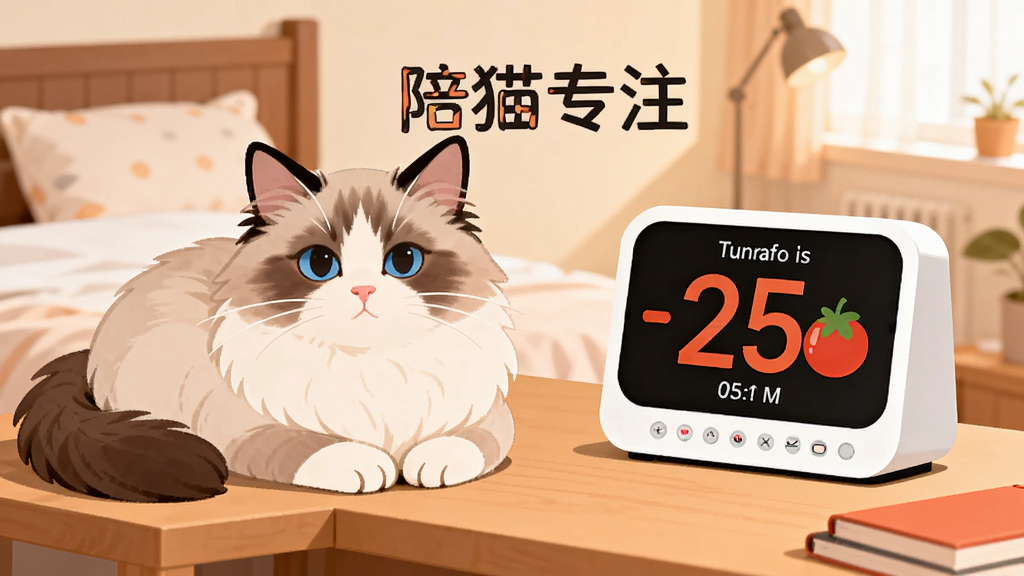 一只布偶猫趴在书桌角落,旁边是正在运行的番茄钟界面显示25分钟倒计时,画面中央有陪猫专注字样,背景是温馨的卧室环境,柔和暖色调,扁平插画风格,细节精致,画质清晰,干净无多余元素