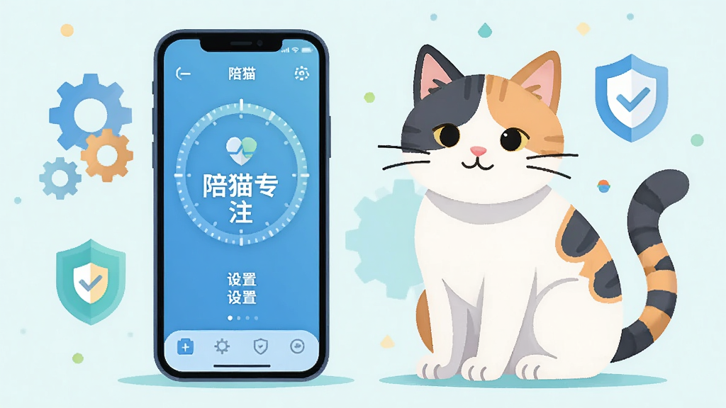一只猫咪坐在手机旁边,手机屏幕显示陪猫专注的计时界面,周围有齿轮和盾牌图标代表设置与安全,画面中央写着陪猫专注,扁平科技插画风格,配色清新,细节清晰,画质干净,无多余元素