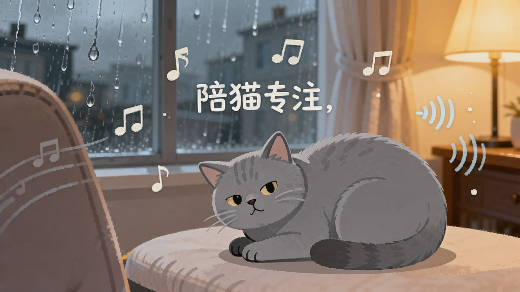 一只灰色英短猫蜷缩在沙发旁,周围环绕着音符和声波图标,背景是下雨的窗户和暖色灯光,画面中央写着陪猫专注,扁平插画风格,色调柔和,细节丰富,画质清晰,干净无多余元素