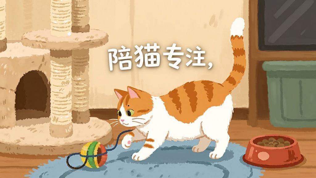 一只橘白相间的猫咪在温馨的小屋里玩耍,周围有猫爬架、玩具球和食盆,画面中央写着陪猫专注,扁平插画风格,色彩温暖,细节丰富,画质清晰,干净无多余元素