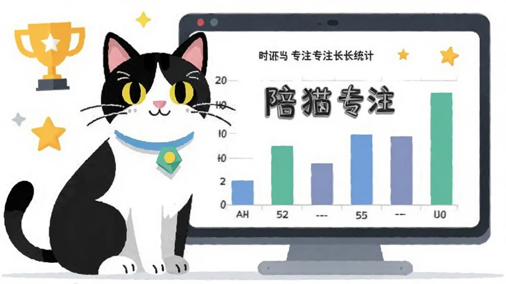 一只黑白奶牛猫坐在数据图表旁边,图表显示专注时长统计柱状图,画面中有奖杯和星星图标,中央有陪猫专注文字,扁平信息图风格,配色清新,细节清晰,画质干净,无多余元素