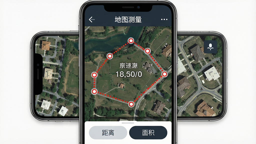手机屏幕显示地图测量软件界面,画面中央是一幅卫星地图,地图上有红色测量线条围出一块多边形区域,区域中间显示面积数值,屏幕顶部有“地图测量”四个字,底部有距离和面积切换按钮,整体布局简洁清晰,风格为写实科技感,细节包括地图纹理、测量节点圆点、数值标签,画质高清,画面干净,无多余元素