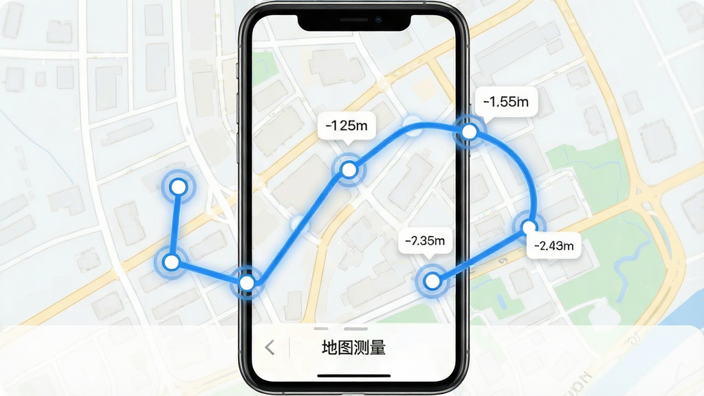 手机屏幕展示地图测量软件的多点测距界面,地图上有连续的蓝色折线连接多个白色圆点节点,折线旁边显示距离数值,屏幕底部有“地图测量”文字,背景是城市街道地图,布局居中,风格清爽简约,细节包括节点高亮、折线弧度、数值气泡,画质高清,画面干净,无多余元素