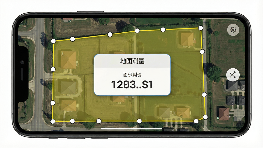 手机屏幕显示地图测量软件的卫星地图面积测量界面,地图上用黄色半透明多边形覆盖一块土地,多边形边缘有白色顶点标记,屏幕中央弹出面积数值面板,顶部有“地图测量”字样,布局为地图全屏加浮层卡片,风格写实清晰,细节包括地块纹理、半透明填充、数值字体,画质高清,画面干净,无多余元素