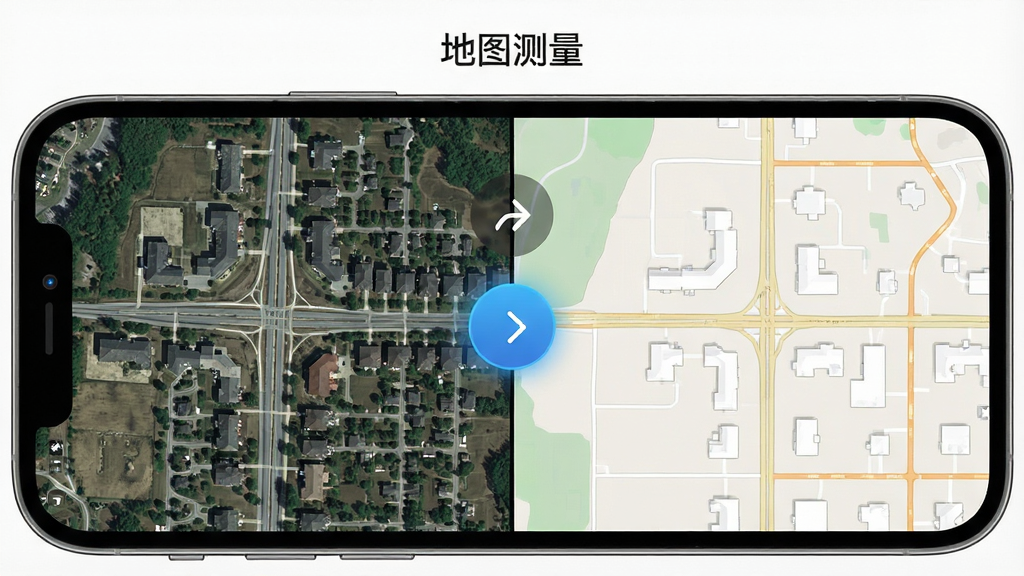 手机屏幕展示地图测量软件的双地图切换功能,左侧为卫星影像地图,右侧为平面地图,中间有一个切换箭头图标,屏幕上方有“地图测量”文字,布局为左右分屏对比,风格现代科技感,细节包括卫星纹理、道路线条、切换按钮高亮,画质高清,画面干净,无多余元素