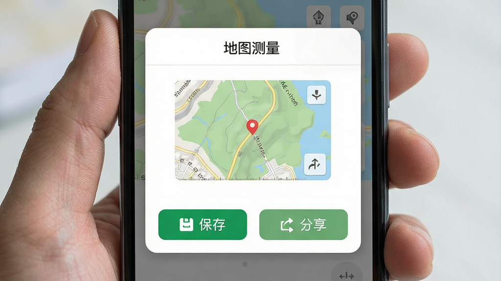 手机屏幕显示地图测量软件的结果保存与分享界面,屏幕中央是一张测量完成的地图截图,下方有“保存”和“分享”两个按钮,顶部有“地图测量”文字,布局为卡片式弹出层,风格简洁实用,细节包括按钮图标、截图缩略图、分享箭头,画质高清,画面干净,无多余元素