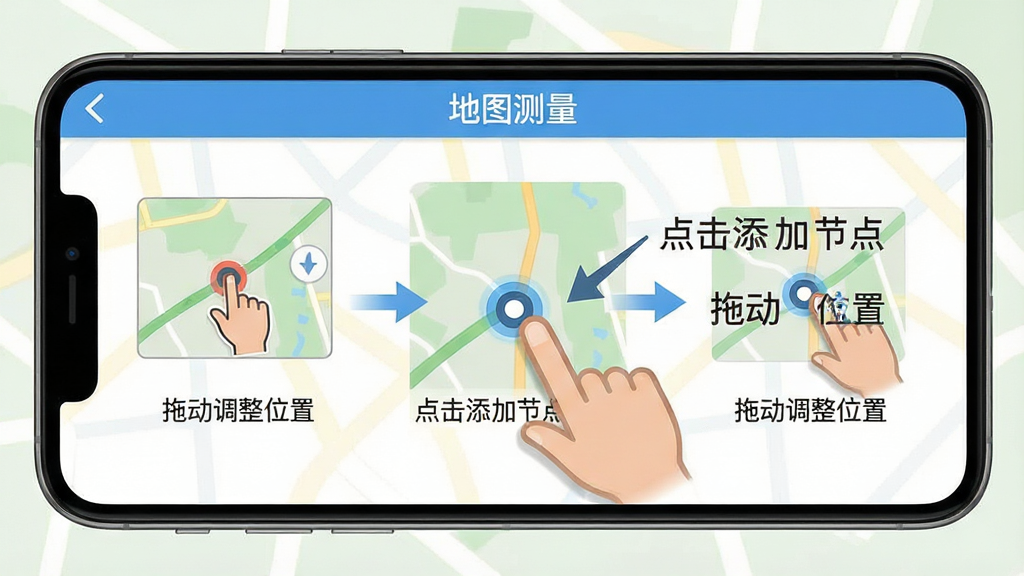 手机屏幕展示地图测量软件的新手操作引导界面,画面中有手指点击地图添加节点的示意动画,旁边有文字标注“点击添加节点”“拖动调整位置”,顶部有“地图测量”文字,布局为分步图示,风格扁平化教学风,细节包括手指图标、节点高亮、引导箭头,画质高清,画面干净,无多余元素