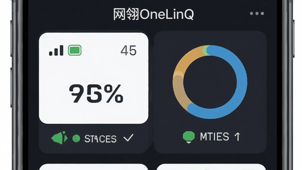 主体为手机屏幕特写,布局为居中展示,排版突出应用界面中的数据面板,风格为扁平化UI设计图,细节包含信号强度条、电量百分比、流量使用环形图、连接状态图标,画质高清、干净、无多余元素,屏幕中文字显示“网翎OneLinQ”