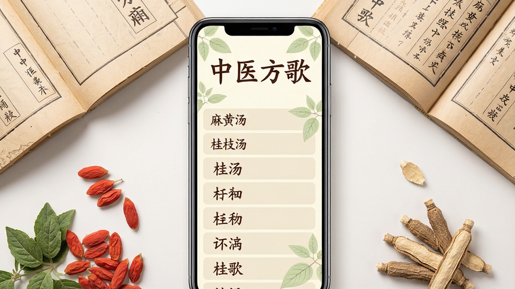 一张展示中医方歌手机应用主界面的图片,画面中央是一部竖屏智能手机,手机屏幕上清晰显示“中医方歌”四个大字作为应用标题,下方罗列着多条方剂歌诀条目,如“麻黄汤”“桂枝汤”等,界面采用淡雅的中医风格配色,米白色背景搭配沉稳的深棕色文字,点缀以淡绿色药草叶片装饰,手机周围散落着几本摊开的中医古籍和几味中药材如枸杞、甘草作为点缀,整体风格古朴典雅,布局居中对称,画质高清细腻,干净无多余元素