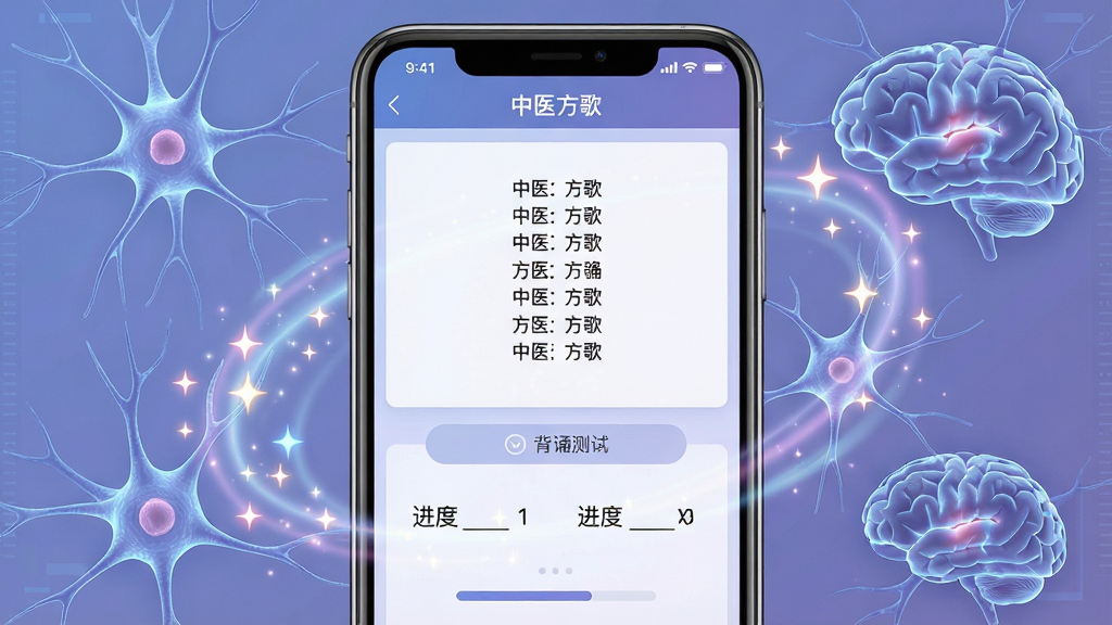 一张展示中医方歌应用内趣味记忆与背诵模式的界面截图,画面为一部智能手机特写,屏幕上显示“中医方歌”应用的背诵测试页面,界面上方是一首方歌的歌诀文本,下方有填空答题区域和进度提示,屏幕周围环绕着抽象的脑部神经元连接图形和闪烁的记忆星光特效,象征记忆与联想,整体色调以柔和的蓝紫色为主,风格科技感与中医元素结合,布局聚焦屏幕内容,画质清晰,干净无多余装饰