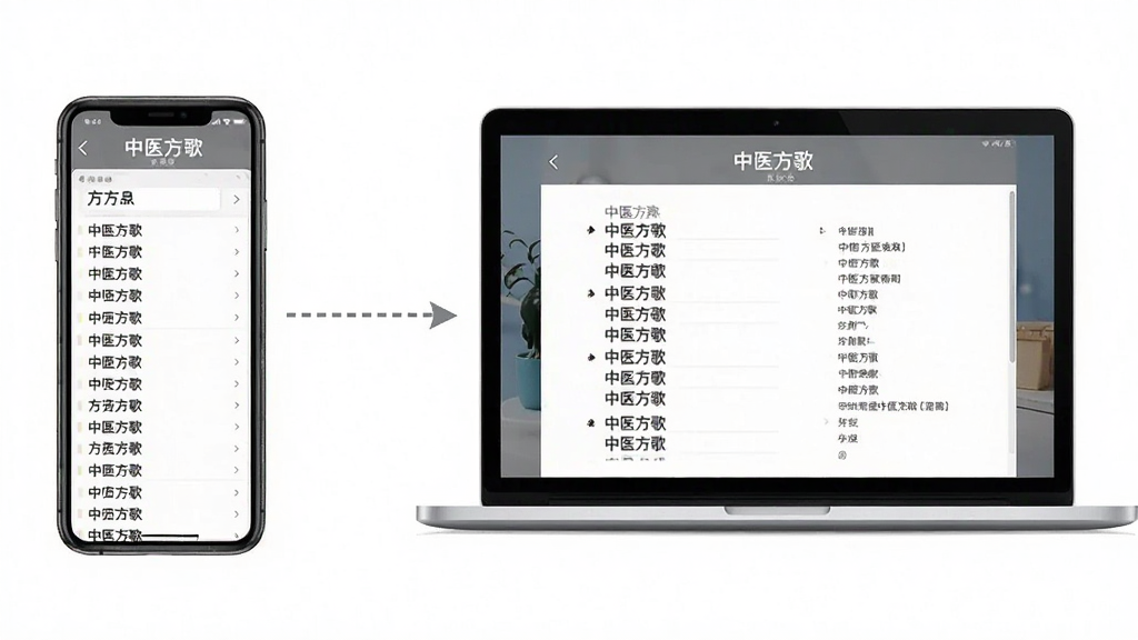 一张展示中医方歌应用在手机与电脑模拟器上同步使用的对比图,画面左侧是一部竖屏手机,右侧是一台笔记本电脑屏幕,两者均显示“中医方歌”应用界面,手机端展示方歌列表,电脑端展示方歌详情页,画面中间用虚线箭头连接表示数据互通,整体风格简洁明快,布局左右对称,画质高清,干净无多余元素