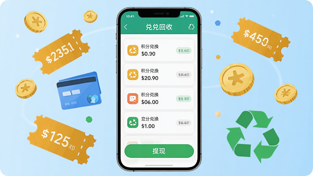 整体画面以兑兑回收软件界面为核心,手机屏幕居中展示积分兑换列表和提现按钮,背景采用浅蓝色渐变,周围环绕金币、卡券、回收标志等元素,布局简洁明了,风格为现代扁平化科技风,细节上突出数字金额和绿色确认按钮,画质清晰干净,无多余元素