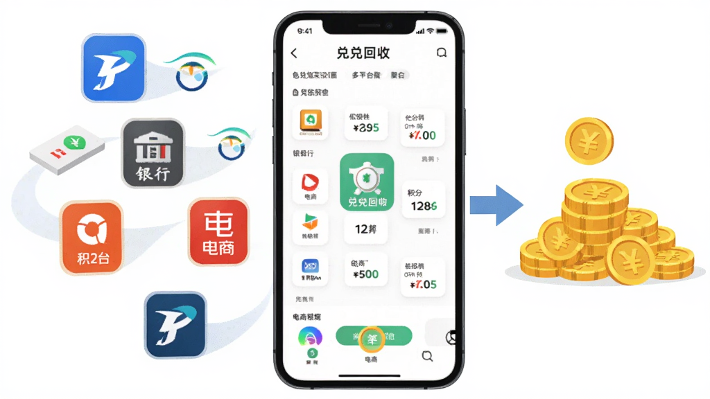 画面中央展示一部智能手机,屏幕上显示兑兑回收的多平台积分聚合界面,左侧漂浮着运营商、银行、电商等图标,右侧有箭头指向中央的金币堆,布局左右对称,风格为清新扁平插画风,细节上每个图标带有品牌色和积分数字,画质高清干净,无多余元素