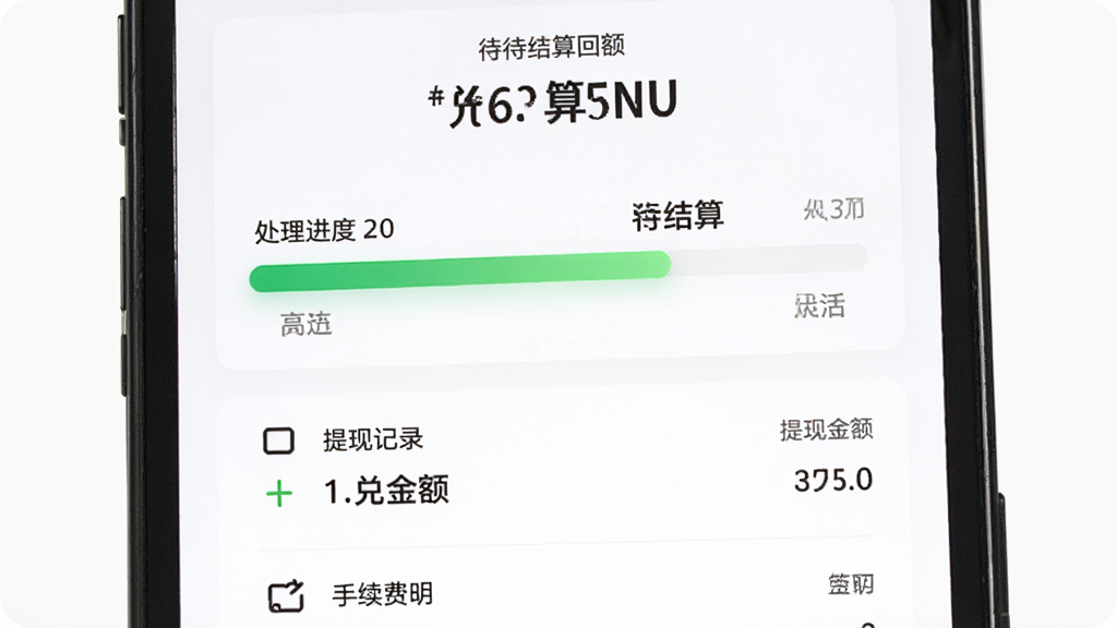 画面展示兑兑回收提现进度页面,手机屏幕上方显示待结算金额,中间为处理进度条,下方列出提现记录和手续费说明,背景为白色,布局垂直排列,风格为极简清爽风,细节上进度条为绿色渐变,到账金额用大号字体突出,画质清晰干净,无多余元素