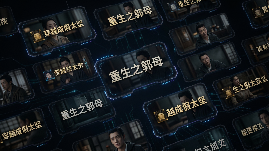 一张展示黄果短剧魔改版资源库的图片,主体为悬浮在深色背景上的多个短剧卡片,布局为网格状排列,排版整齐,风格为暗黑科技风,细节包括卡片上的剧名如穿越成假太监、重生之郭母等文字,画质高清,干净,无多余元素