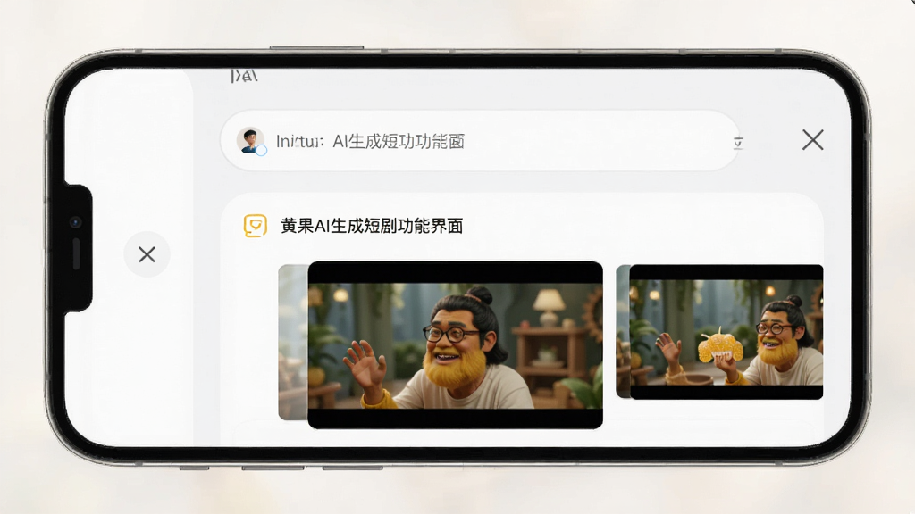 一张展示黄果AI生成短剧功能界面的图片,主体为手机屏幕上的AI创作面板,布局为上方输入框下方预览区,排版简洁,风格为浅色极简风,细节包括输入提示词后生成的短剧画面缩略图,画质高清,干净,无多余元素