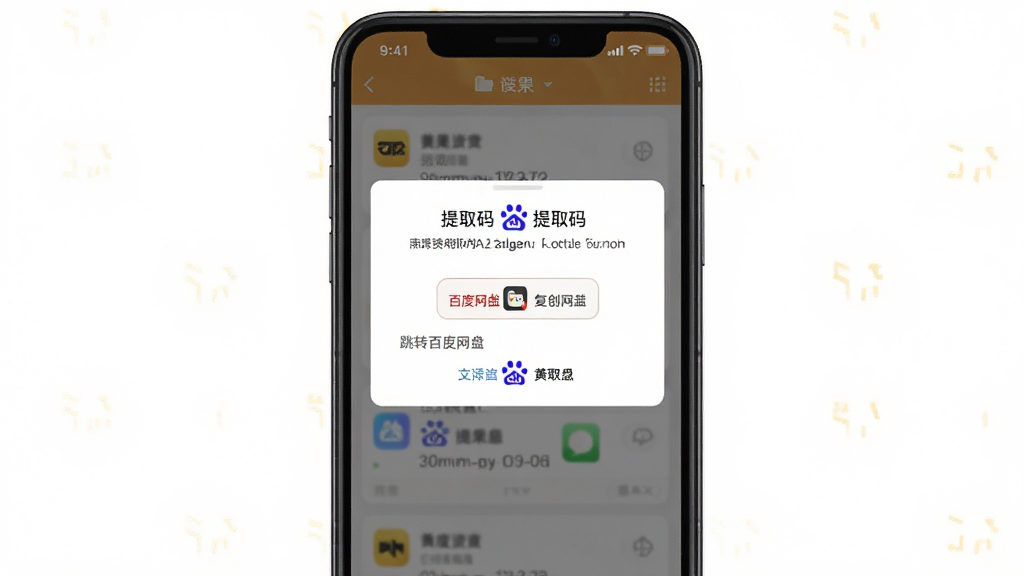 一张展示黄果应用内百度网盘资源跳转提示的图片,主体为手机屏幕弹窗,布局居中,排版简洁,风格为扁平化设计,细节包括弹窗上的提取码复制按钮和跳转百度网盘文字,画质高清,干净,无多余元素