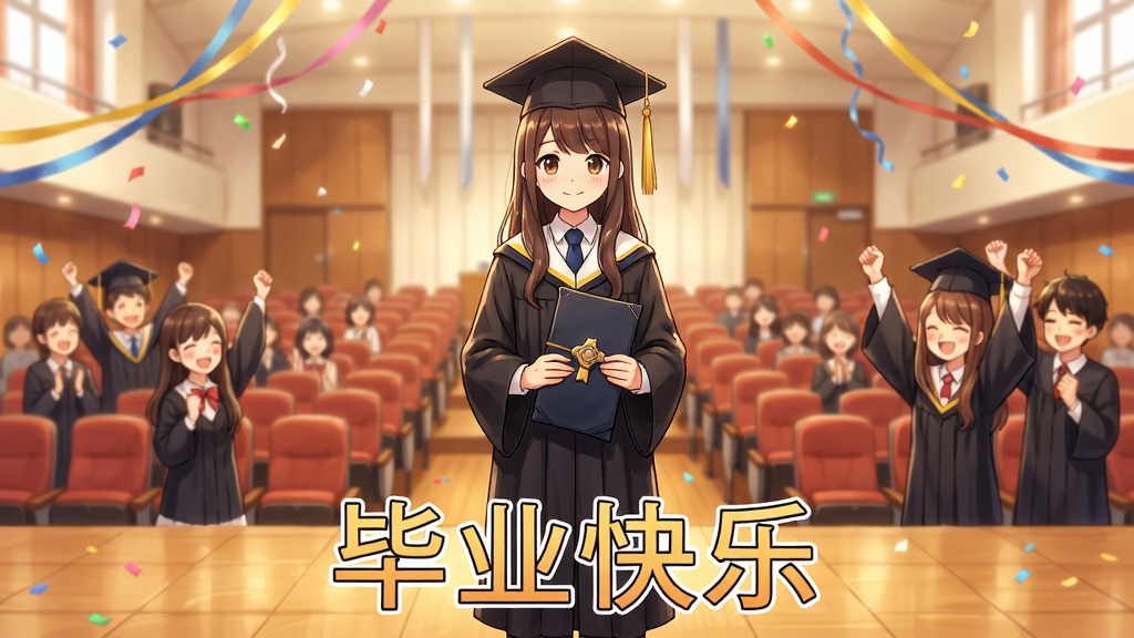 学校生活模拟器2多结局毕业典礼场景,主体为穿着学士服的学生角色站在礼堂舞台上,布局采用全景构图,排版下方显示毕业快乐字样,风格为温馨日系动漫风格,细节包括礼堂座椅、彩带、同学欢呼、毕业证书,画质高清干净无多余元素
