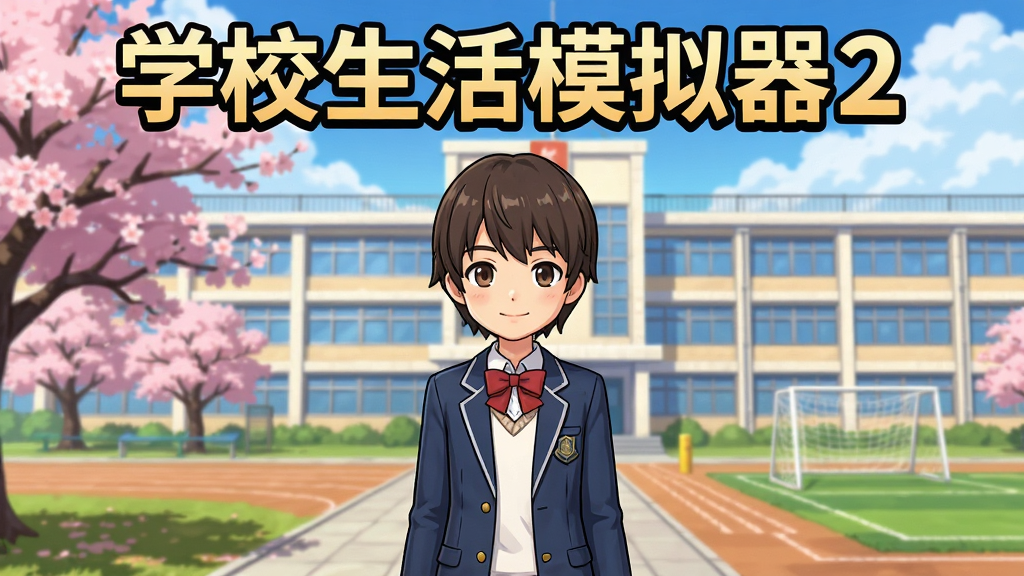 学校生活模拟器2游戏主界面截图,主体为一名穿着校服的学生角色站在校园教学楼前,布局采用中心构图,排版上方显示游戏标题学校生活模拟器2,风格为日系动漫卡通风格,细节包括樱花树、操场、教学楼窗户、蓝天白云,画质高清干净无多余元素