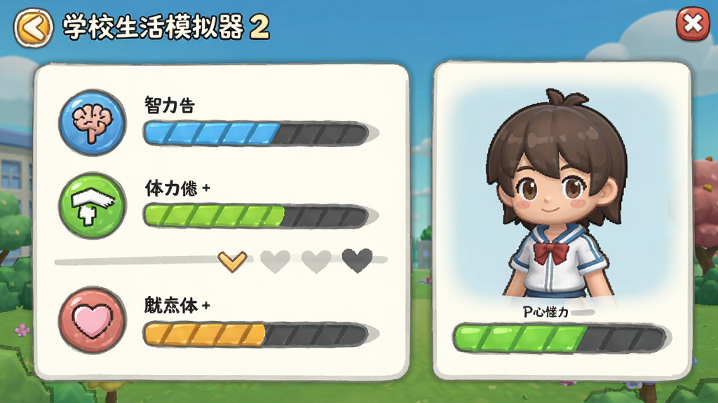 学校生活模拟器2角色养成界面,主体为角色属性面板和养成进度条,布局采用左右分栏排版,风格为清新卡通游戏UI风格,细节包括智力体力魅力心情四项属性图标、进度条、角色立绘,画质高清干净无多余元素